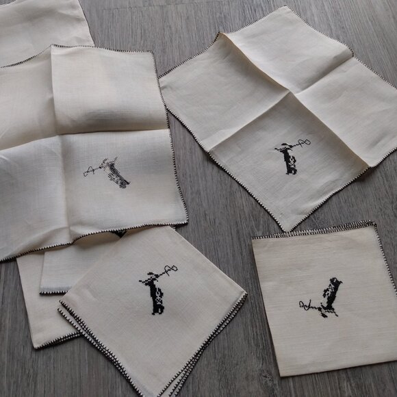 Vintage Linen Tablecloth & Napkins Set Black Cross Stitch Dragon Boat Pagoda - Picture 14 of 16